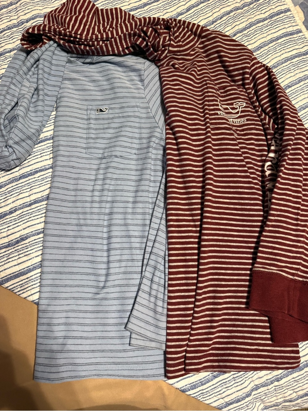 Vineyard Vines Maroon & Light Blue Striped Hooded Long Sleeve Tops